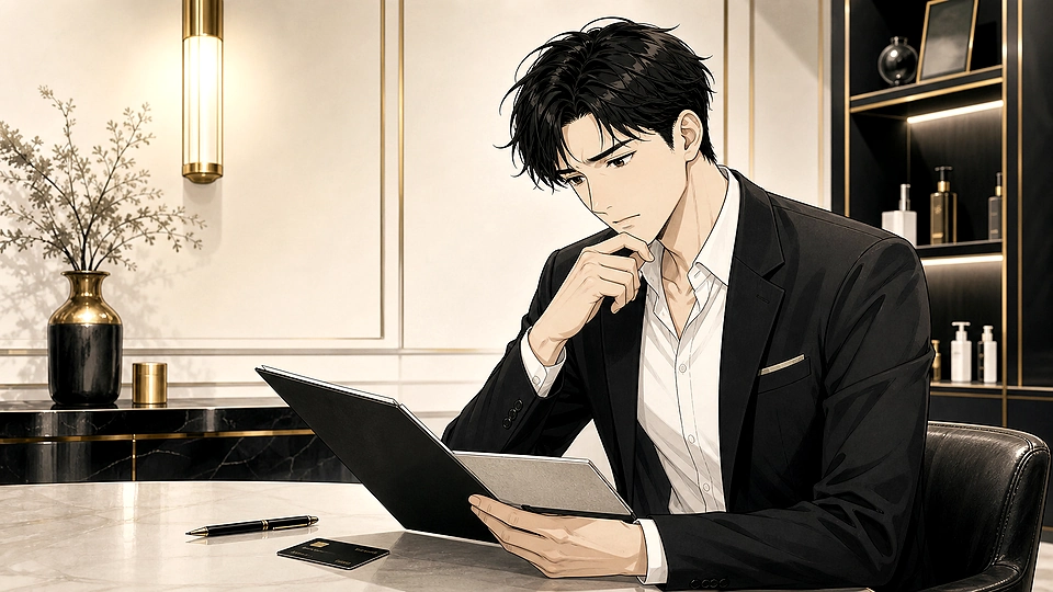 高額契約への不安を感じながら契約書を見る男性のマンガ調イラスト