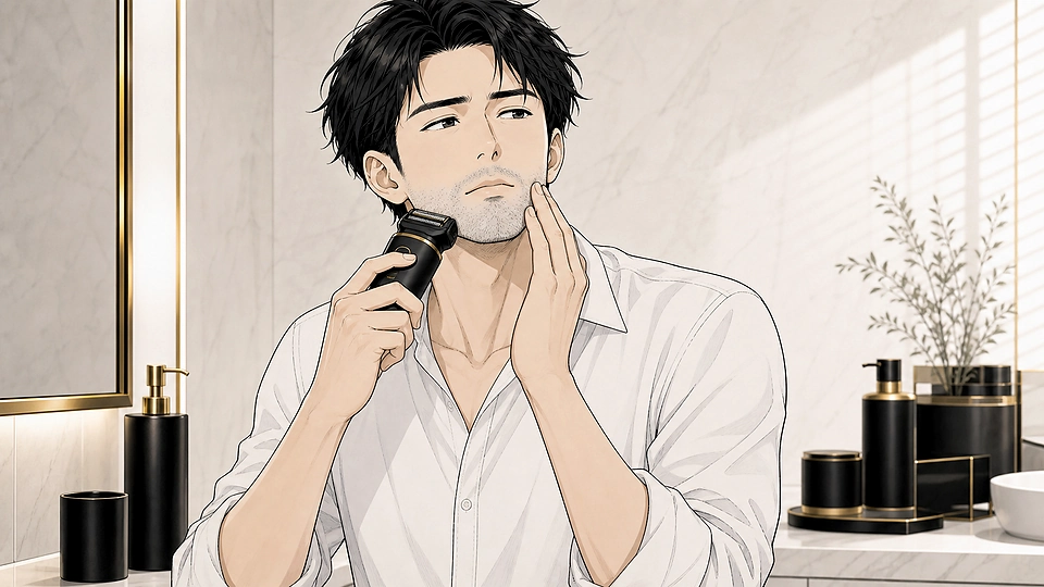 青ヒゲと毎日の電動髭剃りの面倒さに悩む男性のマンガ調イラスト