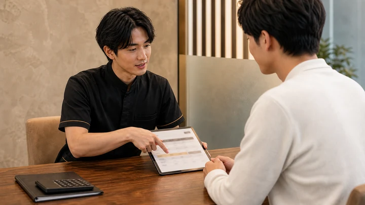 男性スタッフが料金プランを説明しているイメージ